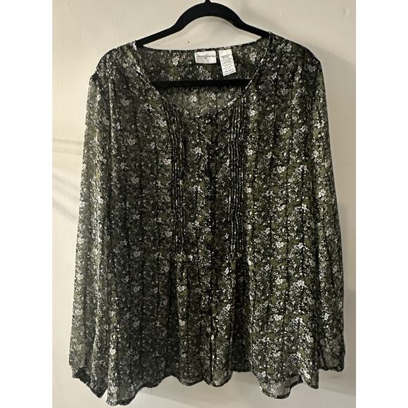 Jaclyn Smith XL Floral Sheer Blouse Green Black Button Front Long Sleeve - Picture 2 of 6